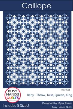 the baby, throw, queen, king quilt pattern is shown in blue and white