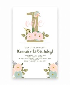 the first birthday card for a girl with flowers and leaves on it, is shown