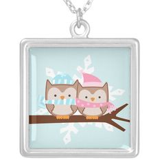 three owls sitting on a tree branch wearing hats silver plated necklace with square pendant