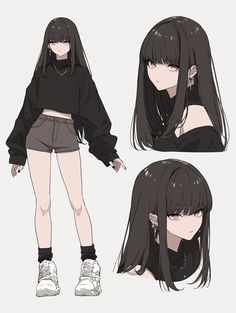 an anime character with long black hair, wearing shorts and a cropped sweatshirt top