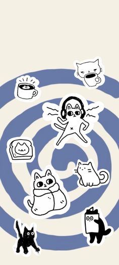 various stickers are arranged in the shape of an abstract spiral with cats and dogs on it