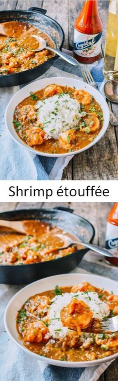 two pictures of shrimp etouffe with cheese on top and another photo of the same dish