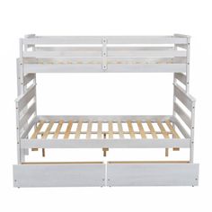 the bunk bed is white and has two drawers on each side, with one drawer underneath it