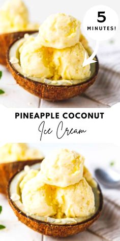 pineapple coconut ice cream in small bowls with spoons on the side and text overlay that reads pineapple coconut ice cream