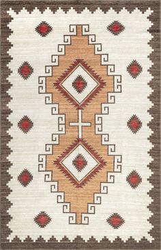 an area rug with geometric designs on the side and brown, white, and red colors