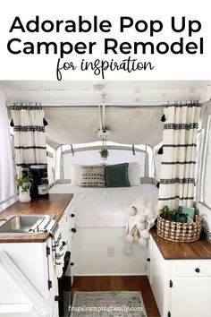 the inside of a camper with text overlay that reads, adorable pop up camper remodel for inspiration