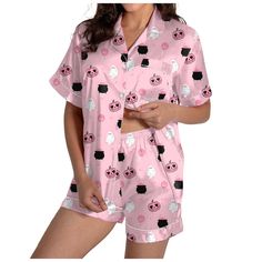 PRICES MAY VARY. ✅AND PLEASE NOTE TO CHECK THE SIZE CHART IN THE PRODUCT DESCRIPTION. (NOT AMAZON SIZE CHART!) 【Material】: Halloween Satin pajama set for women is made of Premium soft comfortable silk fabric.Ultra-soft, breathable, durableand and classic sleep set. 【Pajama Bottoms】:Two piece pajama shorts set for women with soft elastic waist that fits for any body size and makes relaxing as comfort as possible.This Halloween pjs for women Perfect for sleepwear,night wear or loungewear 【Pajama T Pink Sleepwear With Button Closure, Cotton Sleepwear With Buttons For Pajama Party, Cotton Buttoned Sleepwear For Pajama Party, Pink Sleepwear With Button Closure For Loungewear, Casual Sleepwear Sets With Buttons, Casual Sleep Sets With Buttons, Casual Sleepwear With Buttons For Sleepover, Halloween Pajamas Women, Shorts Pjs