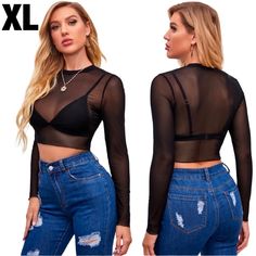 Nwot Black Long Sleeve Sheer Crop Top Size: Xl Bundle 2 Or More Items & Save Black Stretch Mesh Top For Winter, Black Sheer Non-stretch Top, Black Mesh Top For Night Out In Fall, Cute Yellow Shirts, Sabrina Carpenter Style, Tie Up Crop Top, 70’s Style, Sheer Crop Top, Boho Crop Tops