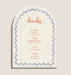 an orange and blue drink menu with scalloped edges