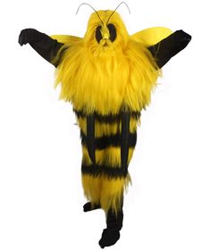 a yellow and black bee costume hanging on a white wall with the words new written below it