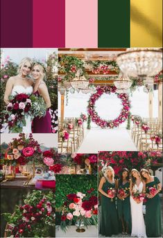 a collage of different color schemes with flowers and greenery in the center, along with two bridesmaid's bouquets