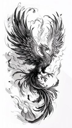 a black and white drawing of a bird with flames on it's back side