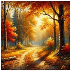 an oil painting of a path in the woods with trees and leaves on it, surrounded by fall foliage