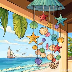 a beach scene with seashells and starfish hanging from the ceiling