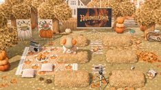 an animated image of pumpkins and hay on the ground