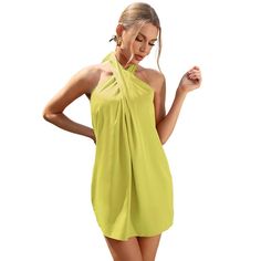 Product Description: Get ready to turn heads in our Women's Satin Halter Dress, a stylish and chic choice for any occasion. This sleeveless tie-back summer dress features a V-neck back and elastic waistband, creating a flattering silhouette that's perfect for going out, club nights, or cocktail parties. Crafted from a luxurious fabric blend of 90% polyester and 10% spandex, this dress offers a comfortable and figure-hugging fit. Available in a variety of elegant colors including Black, Blue, Ros Basic Mini Dress, Cocktail Dress Yellow, Satin Halter Dress, Female Features, Midi Shift Dress, Club Dress, Cocktail Parties, Dress Cocktail, Halter Mini Dress