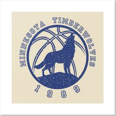 a blue and white logo with a wolf on it's back in front of a basketball