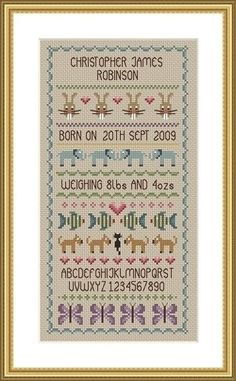 a cross stitch pattern with the words birth and baby's name in gold frame