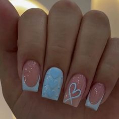 Super Cute Blue Press On Nails With Heart Designs Heart Design, Press On Nails, Nail Colors, Super Cute, Nails, Blue, Color