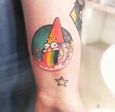 a cartoon character with a rainbow colored hat on his head and stars around the arm