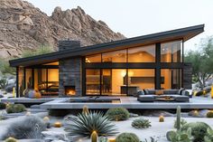 a modern house in the desert surrounded by cacti and cactus plants with lights on