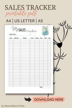 the printable sales tracker is shown with an arrow pointing up to it, and there are