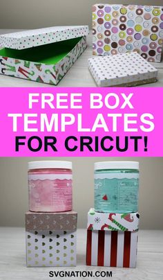 three boxes with different designs on them and the text free box templates for cricut