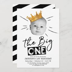 a black and white striped birthday card with a photo of a baby wearing a crown