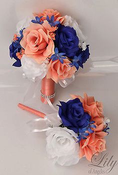 two bridal bouquets with orange, blue and white flowers on the top one