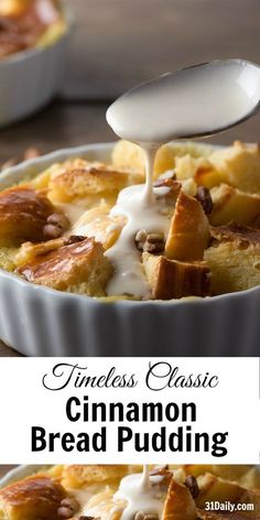 cinnamon bread pudding is being drizzled with icing