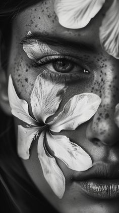 a woman's face with flowers painted on her cheek and the image is black and white