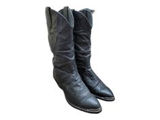 "A cute pair of black leather western style boots from Long Haul. Good Vintage Condition, Pull-On style.  Scrunch embossed design. these boots are good to go dancing in.  Length: 9\" Height: 11\" Heel: 1.5\" Width: 3.25\" Color: Black Condition: Good Vintage Brand: Long Haul" Western Moto Boots For Winter Ranch, Western Style Moto Boots For Winter Rodeo, Western Style Moto Boots For Rodeo In Winter, Western Style Moto Boots For Winter Ranch, Western Style Winter Moto Boots For Rodeo, Western Boots For Winter Country Events, Western Style Boots For Winter Country Events, Western Boots For Country Events In Winter, Western Boots With Concho And Round Toe