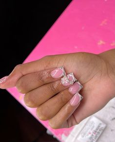 Pink French Tip With Gems, French Tip With Gems, French Tips Short, Gems Nails, Gem Nail Designs, Pink French Tip, Purple Acrylic Nails, Wow Nails, Acrylic Nail Set