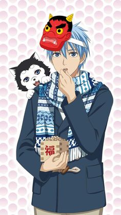 an anime character is holding a cat and posing for the camera with his hand on his face