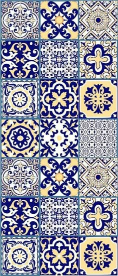 blue and yellow tiles with different designs on them