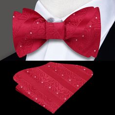 Red Bow Tie with Floral Texture and Pocket Square Red Bow Tie For Formal Summer Events, Elegant Red Bow Tie And Suit Accessories, Elegant Red Bow Tie Accessory, Elegant Red Suit And Tie Accessories For Gift, Elegant Red Suit And Tie Accessories For Summer, Elegant Red Bow Tie, Types Of Bows, White Elegance, Red Bow Tie