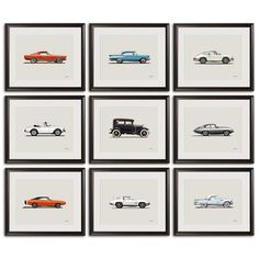 six framed photographs of old cars in different colors and sizes, each with an individual's car