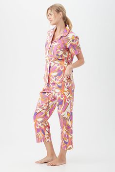 Trina Turk x BedHead Pajamas Super-soft, organically grown cotton poplin adds a lightweight, easy feel to this fun sleepwear set featuring a 3/4-length sleeve button-up top and comfy, cropped, pull-on PJ pants. Adorned with a signature Trina Turk print, this effortless PJ set is approved for lounging all day in style or catching up on your beauty sleep. Short-Sleeve Button-Up Shirt: Notch collar Contrast knit piping around the collar Short sleeves Banded sleeve cuffs with contrast piping Front b Short Pj Set, Beauty Sleep, Pj Pants, Sleepwear Sets, Contrast Piping, Notch Collar, Sleepwear & Loungewear, Short Sleeve Button Up, Trina Turk