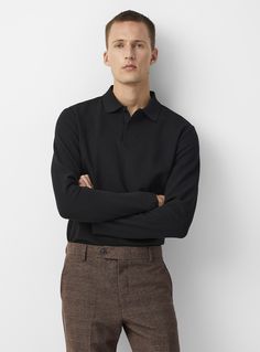 Men > T-Shirts & Tanks Selected - Waffle polo Selected   Selected at Le 31 Two-button polo collar Long sleeves Waffle-textured jersey   The size of the item pictured is medium Fancy Fits, Dress Shirt And Tie, Suit Jacket Dress, Polo Men, Golf Wear, Skirt Co Ord, Suit Shop, Ladies Dress Design