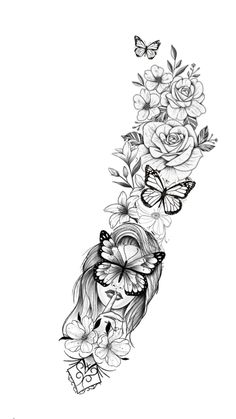 a black and white drawing of flowers with butterflies