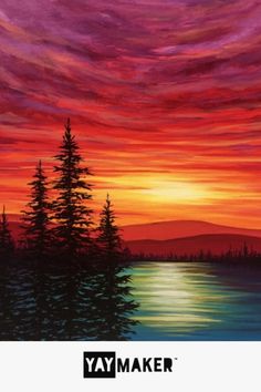 a painting of a sunset with trees in the foreground