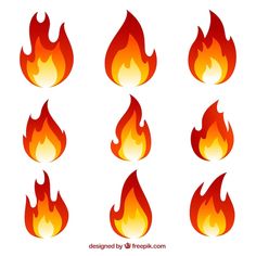 fire flames with different shapes and colors on the white background, set of eight flames