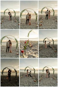 a couple kissing on the beach under an arch made out of flowers and ribbons with their hands in each other's pockets