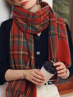 Plaid Tasseled Shawl & Scarf BLACK-One_size Plaid Shawl, Ladies Scarf, Winter Typ, Ladies Style, Winter Scarves, Scarf Women Fashion, Beanie Style, Elegant Ladies, Fall Scarves