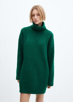 Mango Knitted Dress, Knit Sweater Dress Green, Green Sweater Dress, Knitted Turtleneck, Short Design, Ribbed Sweater Dress, Turtleneck Dress, Mango Fashion, Jumpsuit Jacket