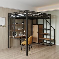 a loft bed with a desk underneath it