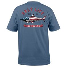 Here's something you haven't seen before: the Salt Life\u00ae Red White and Bite Short-Sleeve Pocket T-Shirt for Men features a shark adorned with the stars and stripes across the back. The 100% cotton ringspun jersey construction, classic fit, and crew neck of this Salt Life men's T-shirt will keep you comfortable through all the conversations the great white (and red and blue) shark will start. Machine wash. Imported.Manufacturer style #: SLM10672. \u000a \u000a Preshrunk 100% cotton ringspun