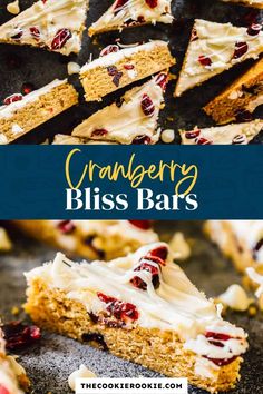 cranberry bliss bars with white frosting on top