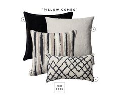 four pillows with different patterns and sizes on the front, two black and one white