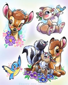 several different cartoon animals with flowers and birds on the backgroung, one is baby